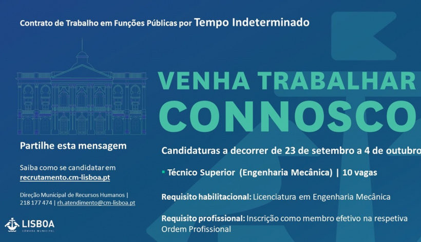 CM Lisboa abre concurso para Técnico/a Superior na área da Engenharia Mecânica